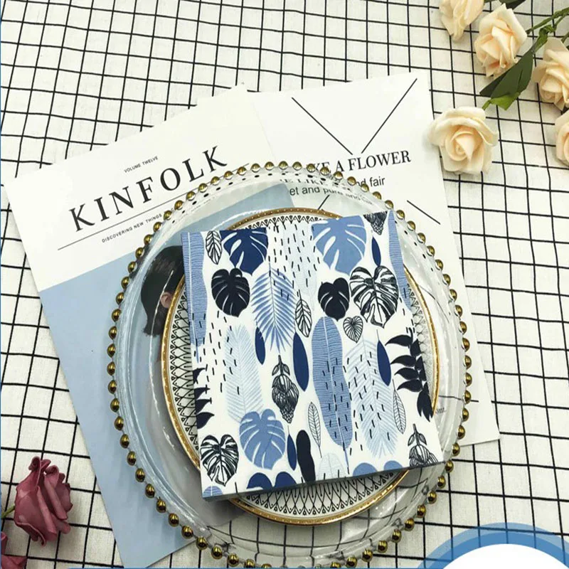 

20 искусственных синих листьев, креативные свадебные салфетки, бумажные салфетки с цветами, украшение для свадебной рождественской вечерин...