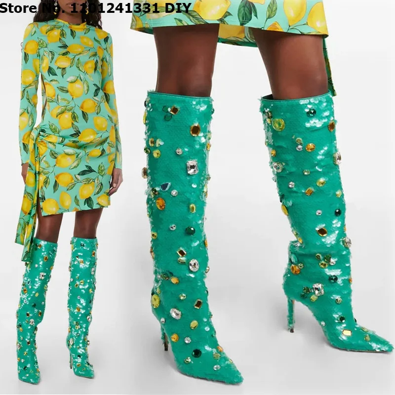 

Turquoise Green Gemstone Knee High Boots Women Thin High Heeled Pointy Toe Colorful Crystal Long Bota Feminina