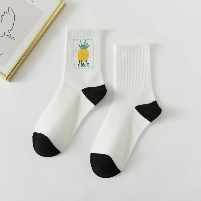 5 Pairs Harajuku Kawaii Cute Hot Stamping Fruit Women Socks Sports School Wind Cartoon Casual Women's Cotton Socks
