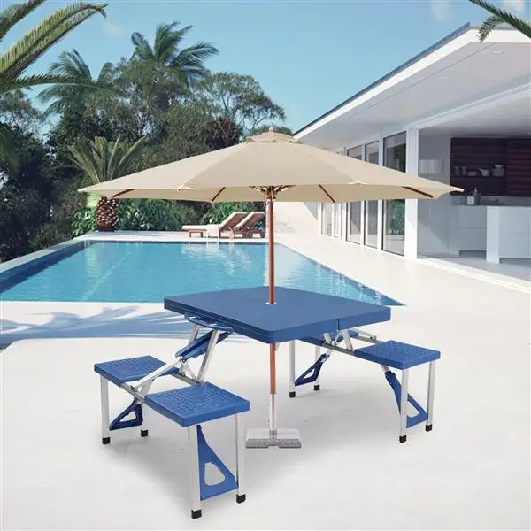 

(USA Stock)Siamese Folding Tables and Chairs-Plastic PS Thickening, Blue Camping Table and Chairs