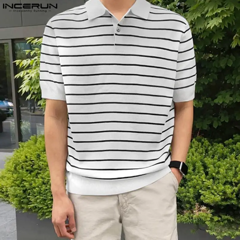 

Футболка INCERUN Мужская в полоску, Повседневная рубашка с коротким рукавом, в уличном стиле, цвет черный/белый, лето 2023
