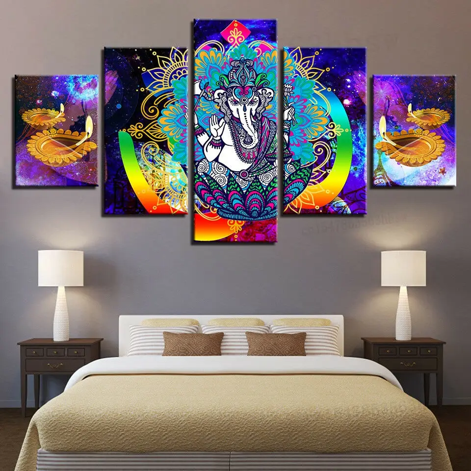 

Hindu Elephant God Ganesha Painting 5 Panel Canvas Print Wall Art Home Decor Pictures Paintings HD Print No Framed