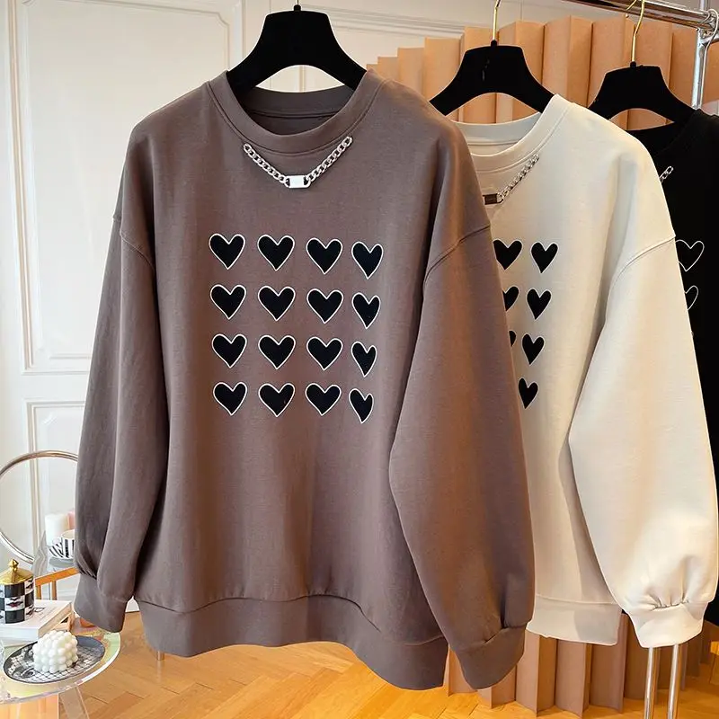 

2022 Streetwear Cool Chain Heart Graphic Sweatshirt Women Ladies Oversize O-neck Pullover Winter Clothes Korean Fashion Harajuku