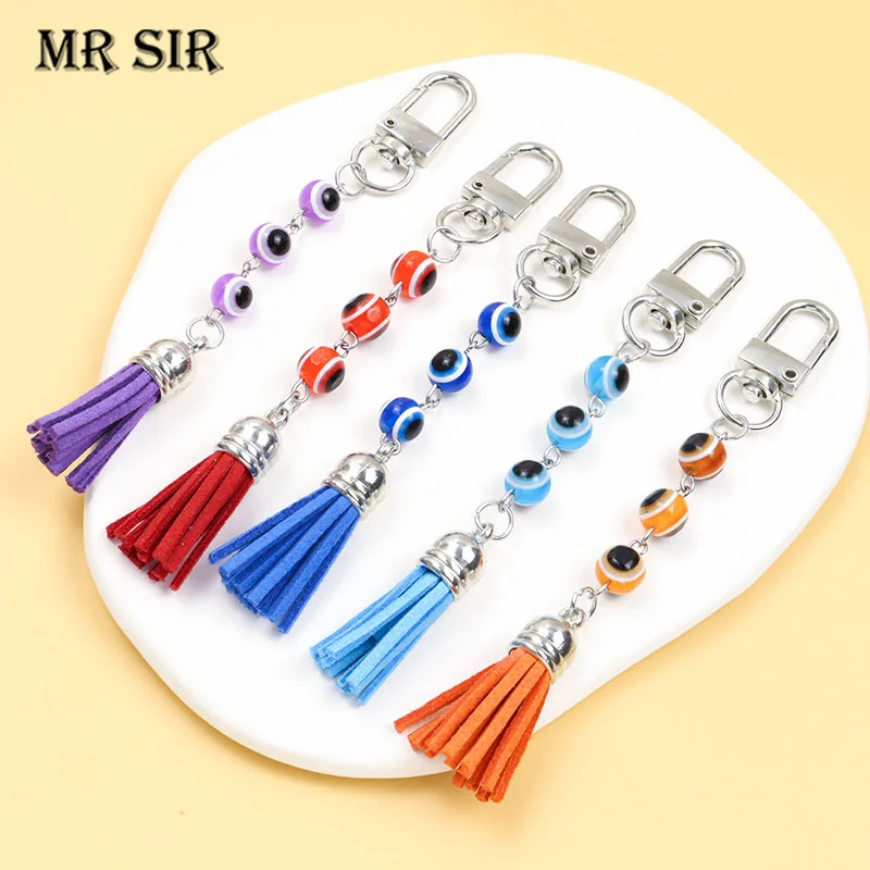 

Blue Turkish Evil Eye Tassel Keychains Lucky Acrylic Eye Bead Pendant Keyring Earphone Case Protective Cover Bag Car Key Holder