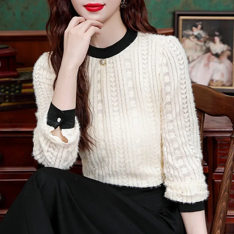 Новая кружевная женская блузка с длинным рукавом и круглым вырезом рубашка