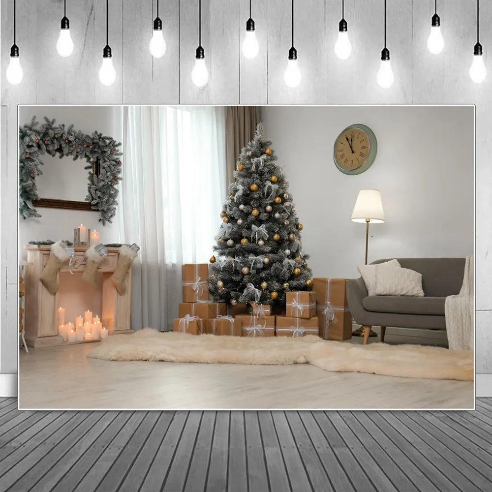 

Christmas Gifts Candle Light Fireplace Photography Backdrop Plush Mat Curtain Snow Bell Tree Clock Home Studio Photo Backgrounds