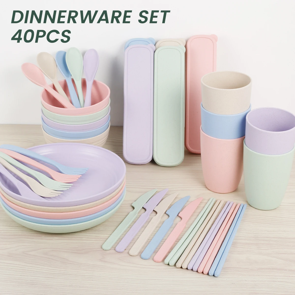 

Wheat Straw Dinner Sets of 5 (40Pcs) Unbreakable Lightweight Dinnerware Set Large Dinner Plates Cups Bowls Cutlery Microwave &