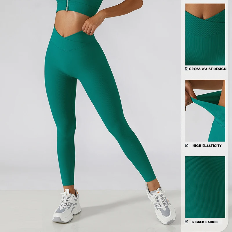 Ribbed Seamless Breathable Cross Yoga Leggings Gym High Waist Sports Leggings Women Elasticity Fitness Running Hip Lift Pants