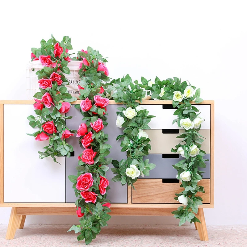 250cm Simulation Artificial Flowers Fake Rose Vine Backdrop Decor Silk Rattan Garland for Wedding Decorations Green Leaf Rattan