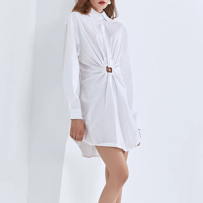 

Новинка осени 2022, модная маленькая юбка-рубашка с тонкой талией и складками, ажурная юбка