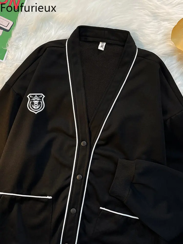 

Foufurieux Spring Autumn Cardigan Sweatshirt Men's American High Street Fashion Brand Loose Sports V-Neck Fashion Versatile Coat