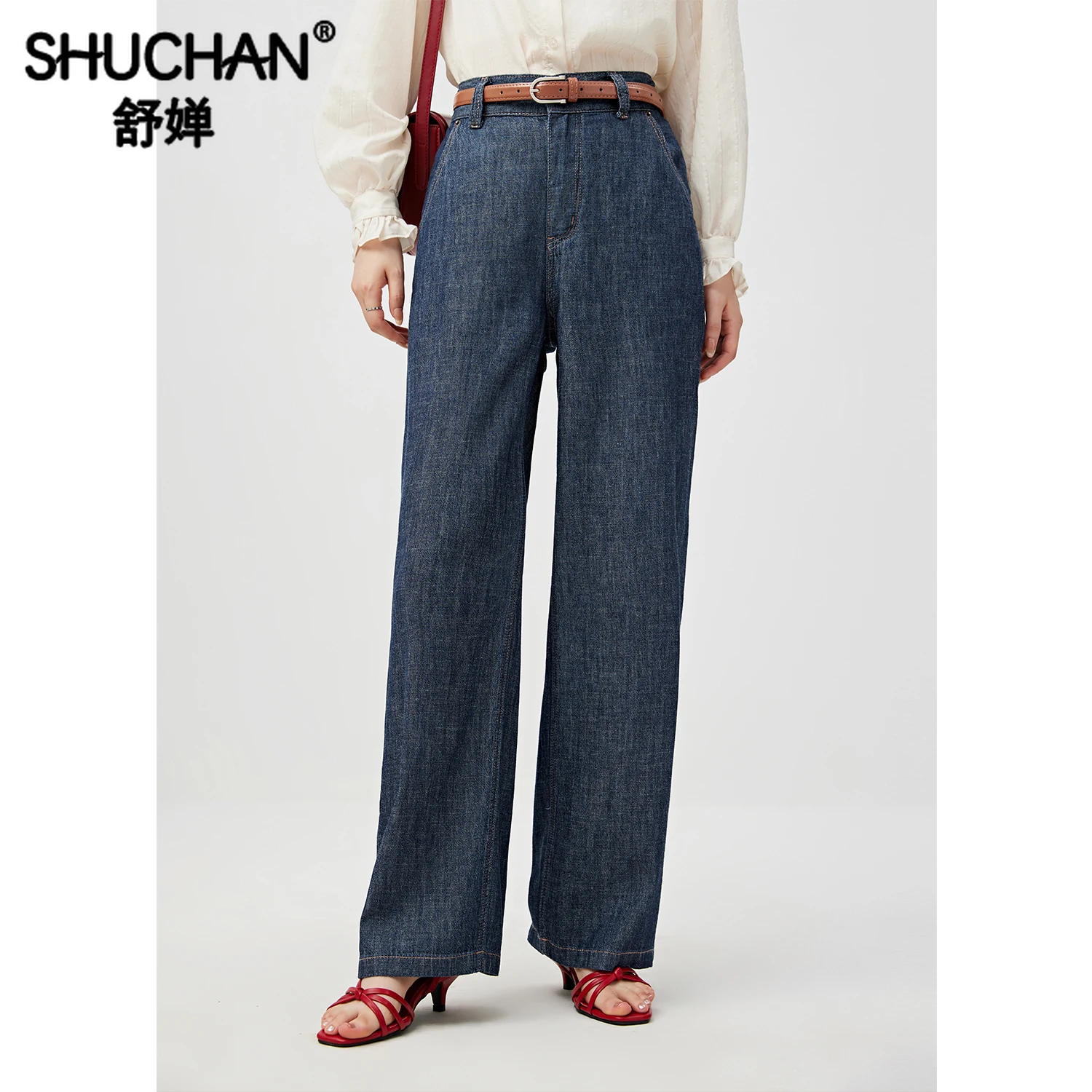 

SHUCHAN Cotton Linen Women High Waist Jeans Full Length STRAIGHT Casual Pantalon Pour Femme Jeans Women