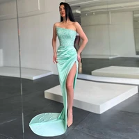sexy mint evening dress strapless sleeveless glitter sequin formal party gown high slit mermaid prom dresses robe de soiree