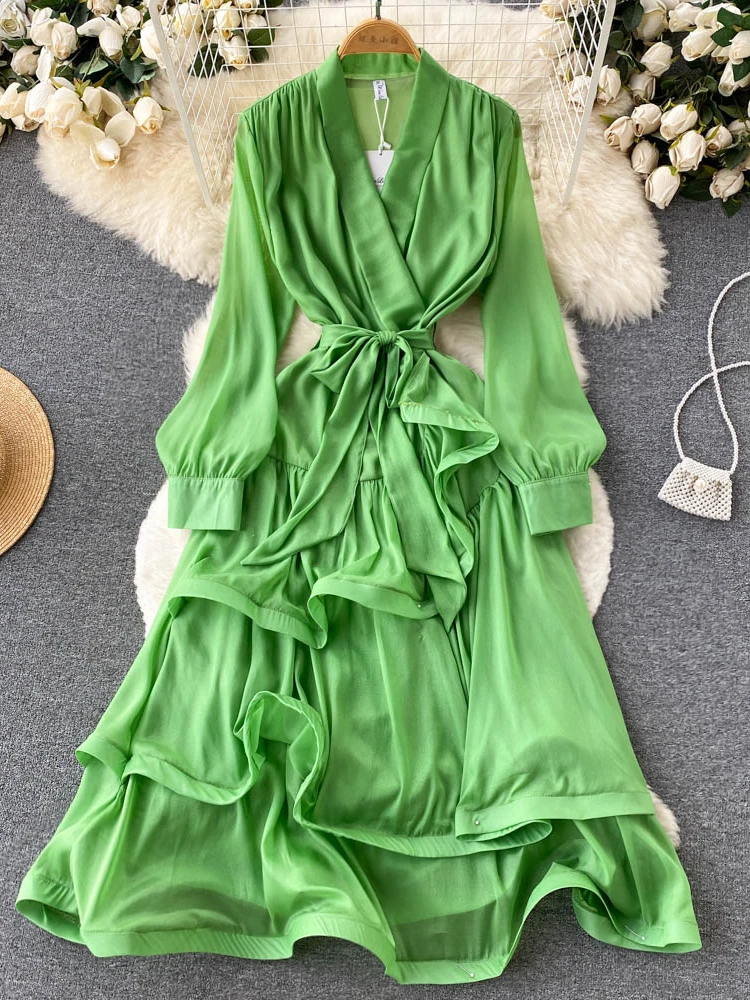 

Green V-neck Ruffles Asymmetrical Dress Women 2022 Spring Autumn Chic Elegant Fashion Vacation Party Evening Long Dresses YQ430
