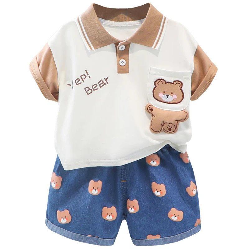 

2022 Summer Toddler Kids Tracksuit Child Clothing Sets Boy Girl Clothes Cartoon Short Sleeve T Shirt Denim Shorts Baby Outfits