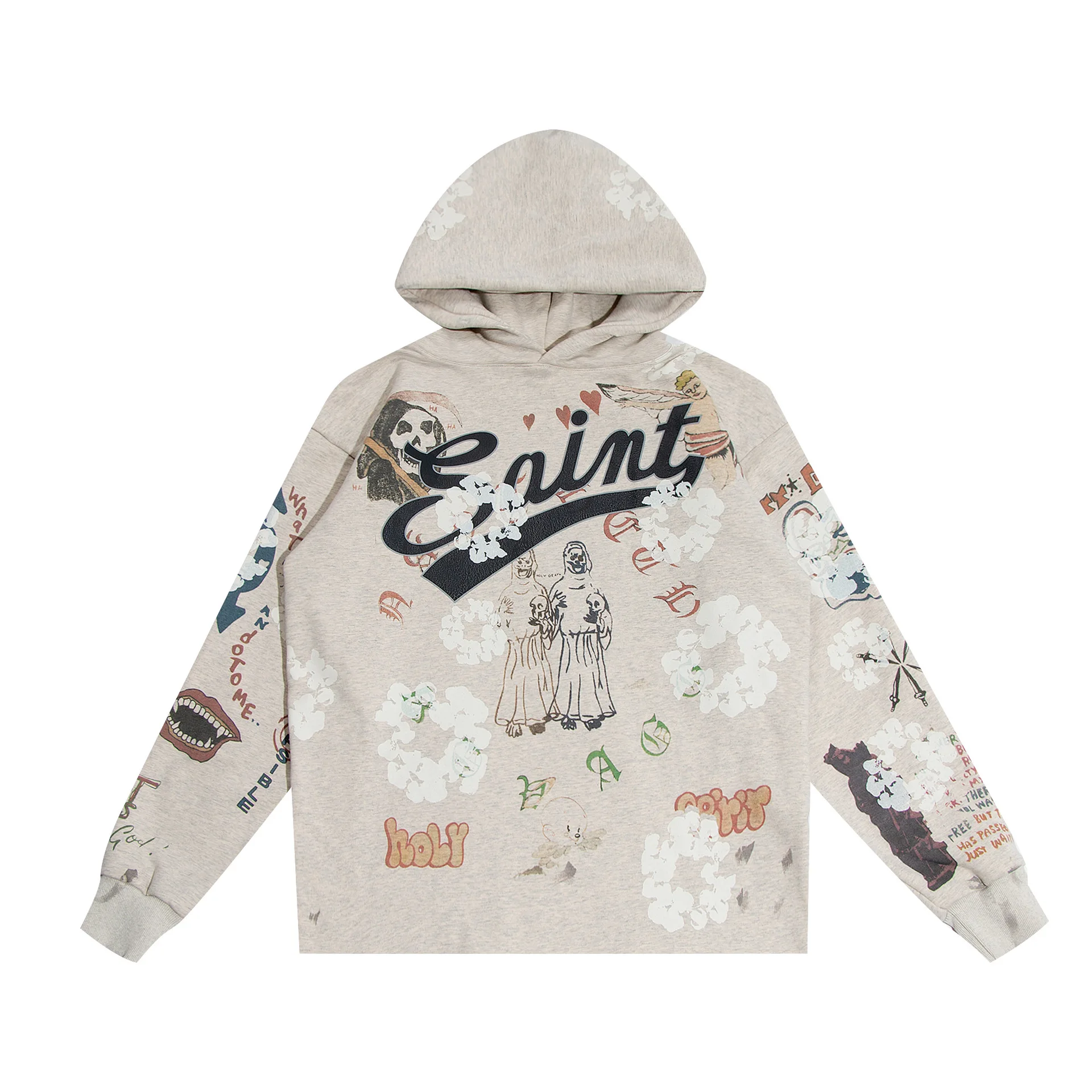 

Harajuku Retro Hoodies Men Women Distressed Fleece Graffit Casual Streetwear Oversized Terry Saint Sweatshirts Hip Hop Hoody