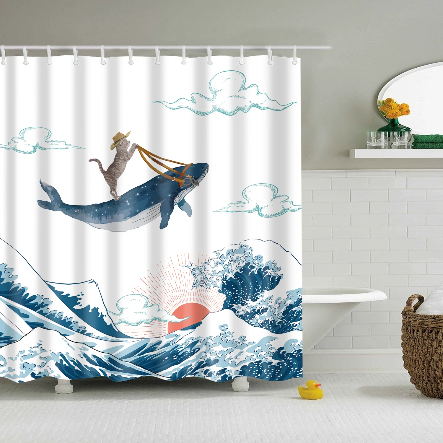 

Cat Riding Whale Shower Curtain Japanese Blue Ocean Great Waves Colorful Coral Seaweed Vintage Barn Wooden Creative