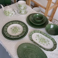 creativity carved ceramic plate nordic pastoral green painted relief craft dinner plates set noodle fruit salad bowl