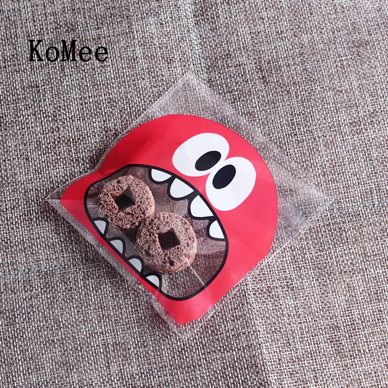 

7x10cm Transparent Self Adhesive Bag Red Mouth Monster Cookie Bags Biscuit Packaging Opp Plastic Gift Bag Party Candy Pouches