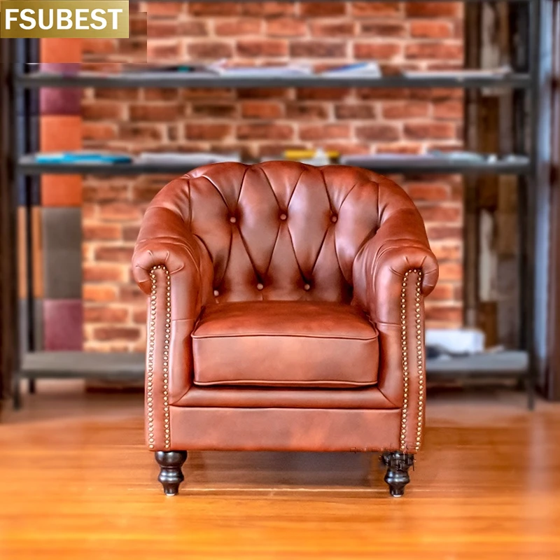 

FSUBEST American Tiger Chair Vintage Hotel Single Sofa Chair High-End Villa High-Back Leisure Chair Living Room Leather Chair