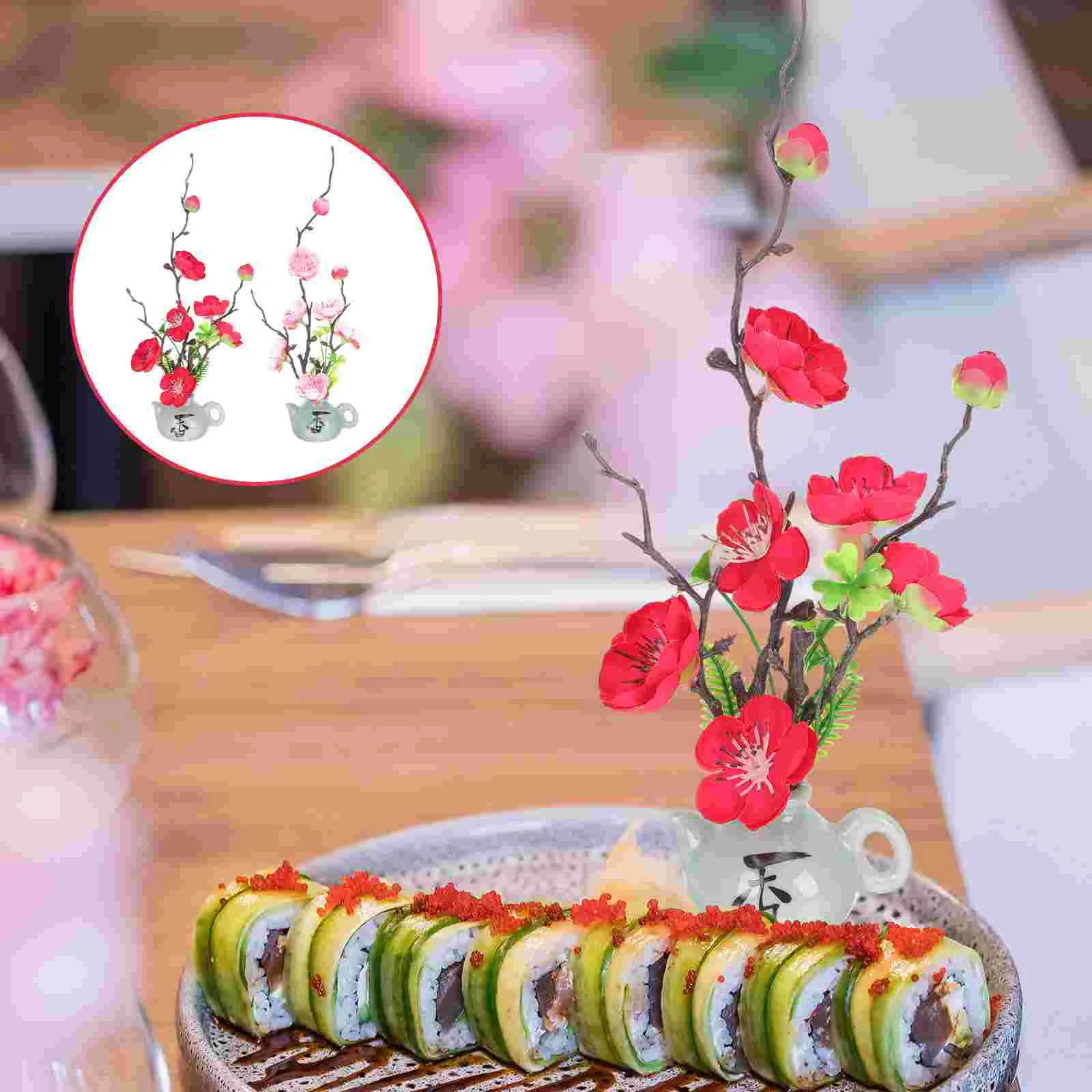 

2 Pcs Sashimi Decoration Bride Cake Decorations Artificial Flower Sushi Plate Plastic Fake Christmas Cherry blossom
