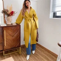 Custom Made Woolen Women Suit Overcoat 1 Piece Winter Yellow Tie Waist Blazer Warm Thick Casual Long Jacket Evening Prom Dress