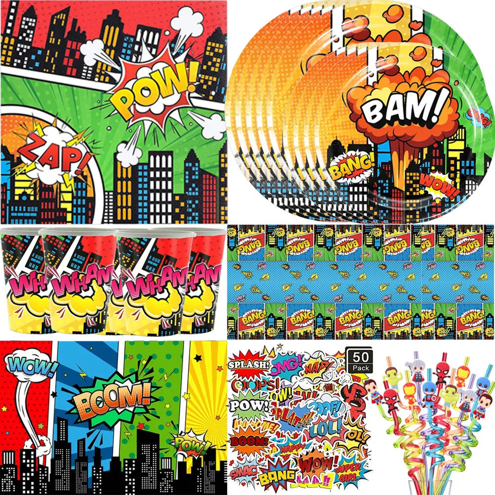 Супергерой город строительные аксессуары бумажные тарелки Мстители наклейки на