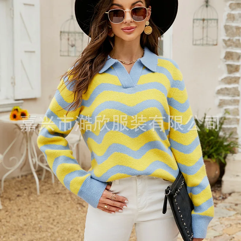 

2022 European and American Autumn and Winter New Products Polo Lapel Wavy Sweater Casual Fashion Sweater Women's Clothing