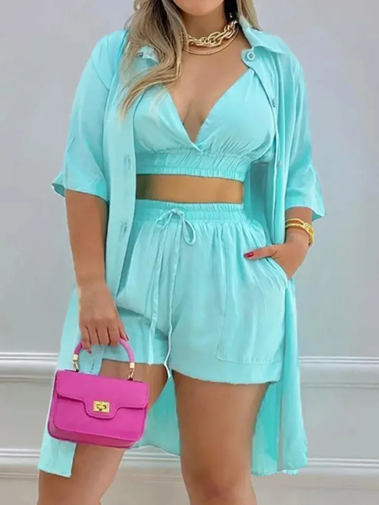 

2022 European and American new three-piece pure color single breasted short sleeve shirt and shorts loose fashion casual suit