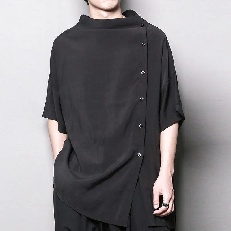 Men's Loose Diagonal Access Control Short Japanese Fashion Asymmetric Design High Collar Half Sleeve Shirt