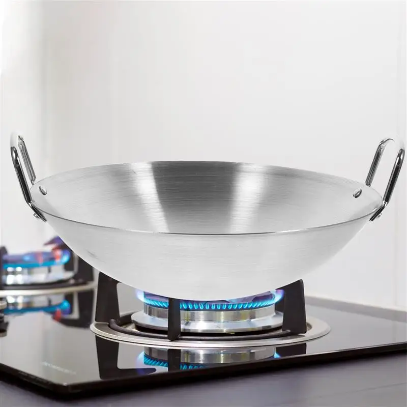 

Stainless Steel Double Ear Chef Fry Wok Gas Cooker Traditional Handmade Pot Non Coating Woks