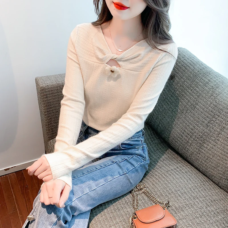 Knitted Woman Tshirts Slim Fit Hollow Out Ong Sleeve Tees Fashion Knit Temperament Woman Tshirts Y2k Tops 2022 Blusas De Mujer