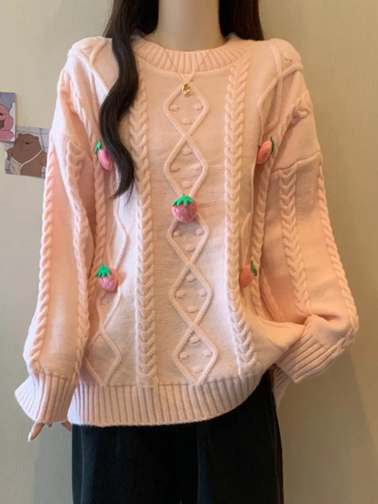 Съемный трехмерный клубничный пуловер для отдыха вязаный свитер новинка 2024