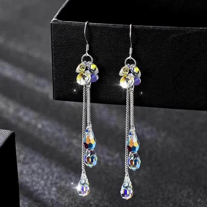 

Simple Extra Long Chain Water Drop Crystal Women's Dangle Earrings Jewelry Fashion Round Flower Brincos Earrings Jewelry