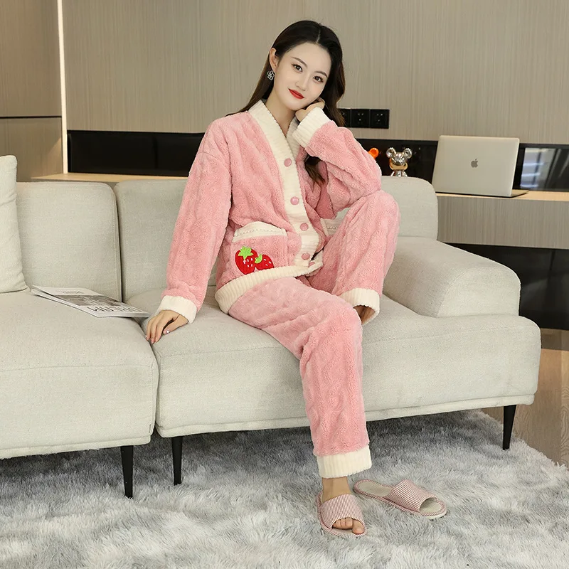 Winter New Soft Homewear Warm Nightwear Cute Long Coral Fleece Women Casual Sleepwear Two Pieces Shirt&Pants Flannel Pajamas Set