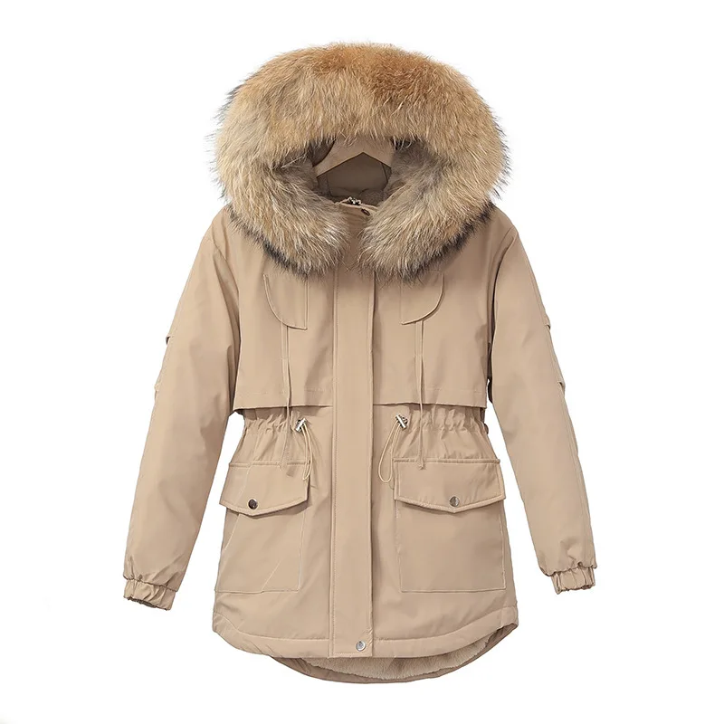 Women Casual Fur Lining with Pockets Big Fur Collar Winter New Parkas Thicken Warm Jacket Hooded Parka Coats Mujer Cotton Coat