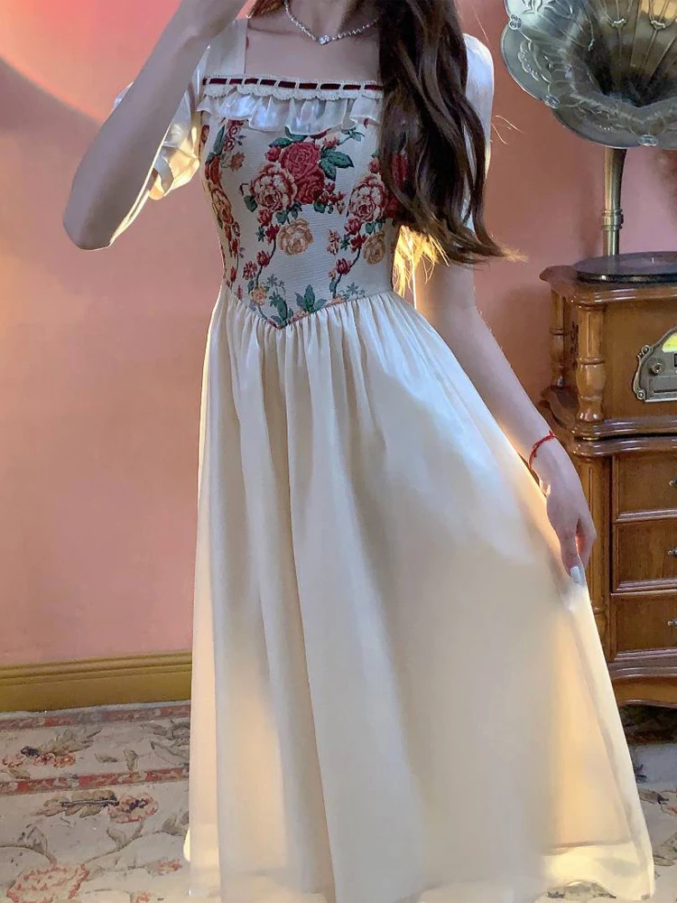 

Платье женское с квадратным вырезом, французское сказочное платье в стиле ретро, с короткими рукавами, с перламутровой нитью, прошитая строчка