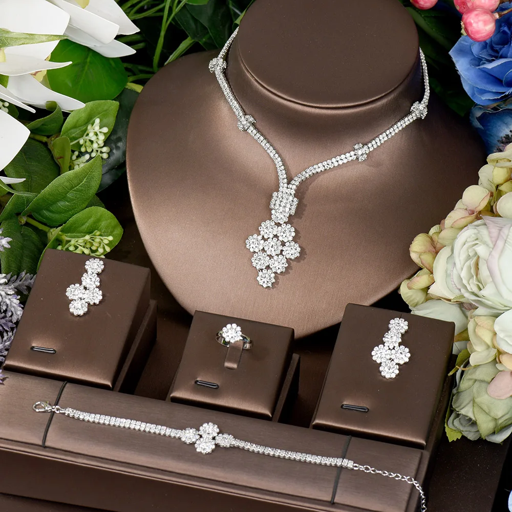 

HIBRIDE Flower Shape White Cubic Zirconia Jewelry Sets For Dubai Nigeria Wedding 4PCS Necklace Earring Set Bijoux Femme N-154