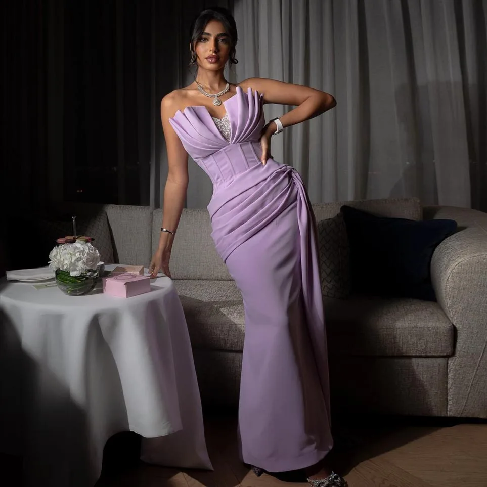

Strapless Lavender Floor Length Evening Dress Lace Matte Satin Folds Crystals Open Back Prom Dresses Ever Pretty Gowns