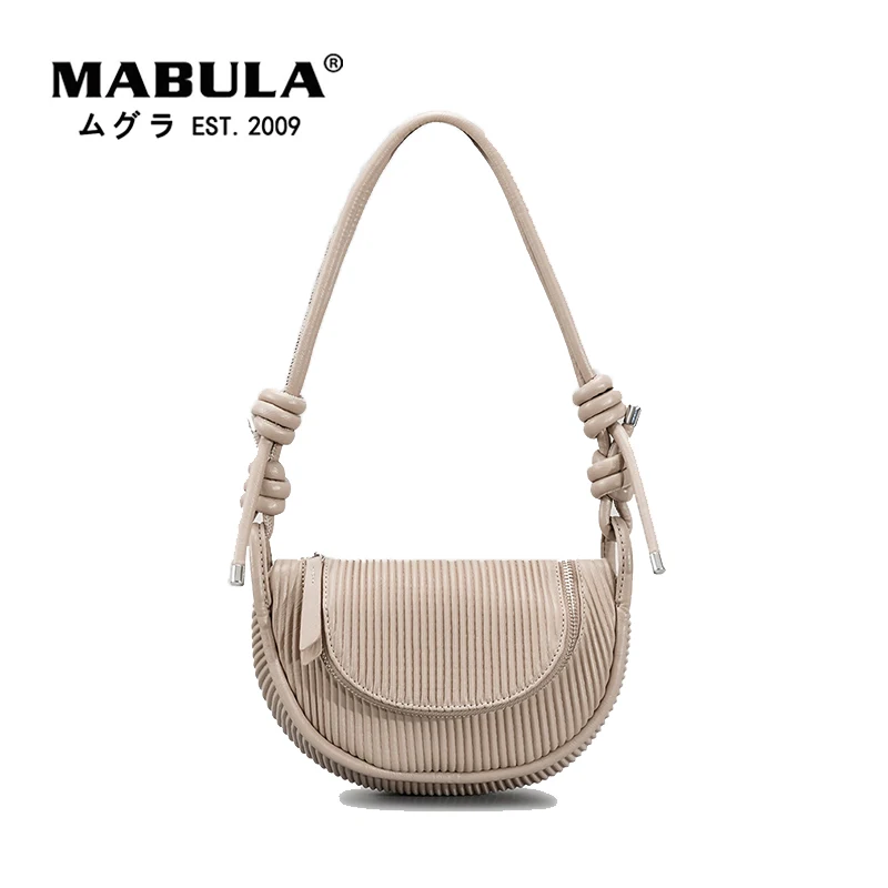 

MABULA Stripe Quilted Half Moon Underarm Shoulder Purses Zipper Closure Pleated Leather Tote Handbag Small Women Clutch Bag