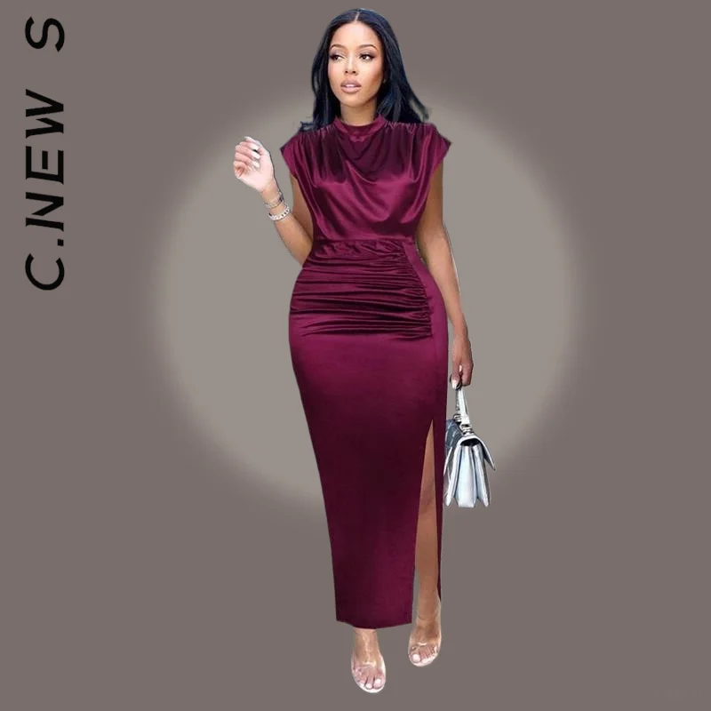 

Женское длинное плиссированное платье-макси без рукавов, с разрезом и высоким воротником