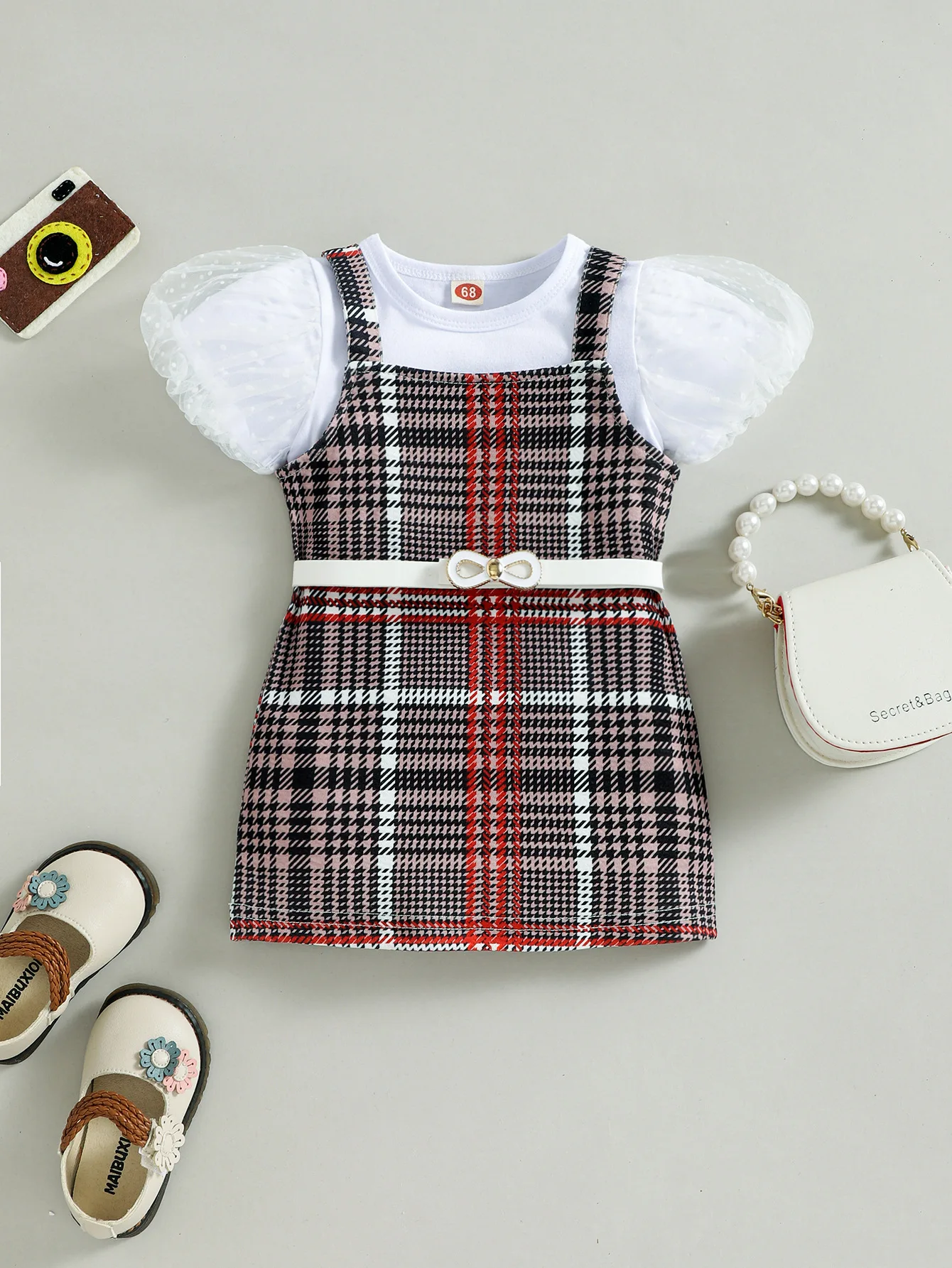 Fashion Girls Summer Puff Sleeve Top+Plaid Strap Skirt++Belt 3Piece Suit Newborn Girls Clothing Infants Toddlers Princess 0-18M