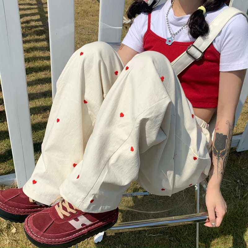 

Zoki Harajuku Love Print Women Wide Leg Pants Fashion High Waist Cute Preppy All Match Trousers Summer Loose Casual Sweatpants