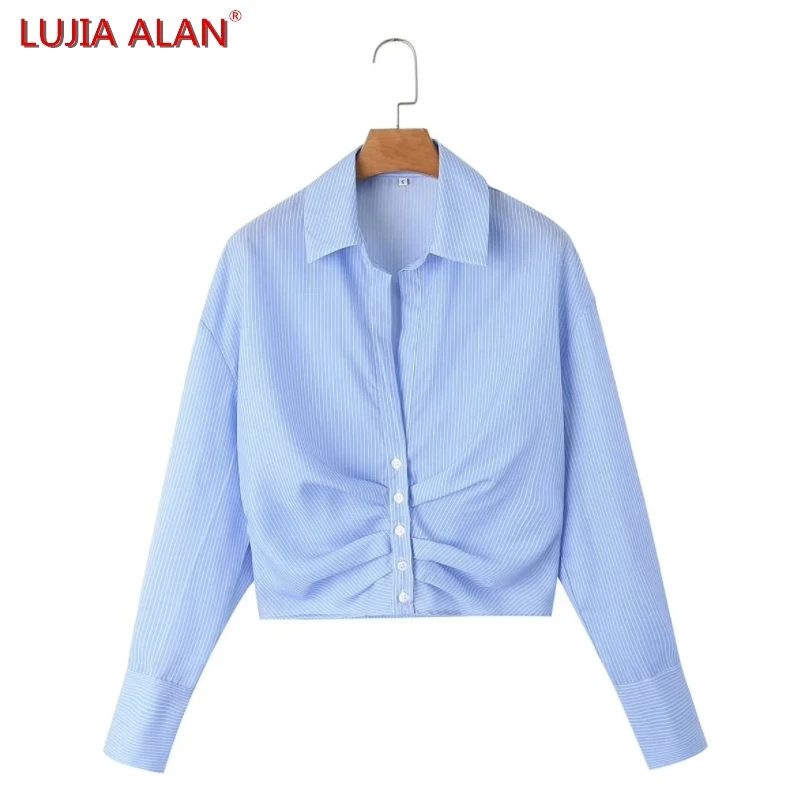 

Новая женская плиссированная дизайнерская рубашка с отложным воротником, Женская Повседневная Блузка с длинным рукавом, элегантные свободные топы, LUJIA ALAN B1703