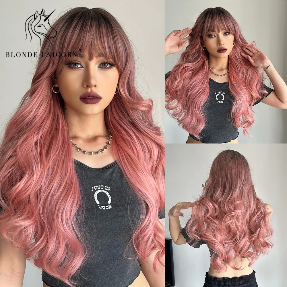 

Blonde Unicorn Synthetic Dark Root Ombre Pink Long Wavy Wig For White Women Cosplay Daily Party Wigs Heat Resistant Bangs Hair