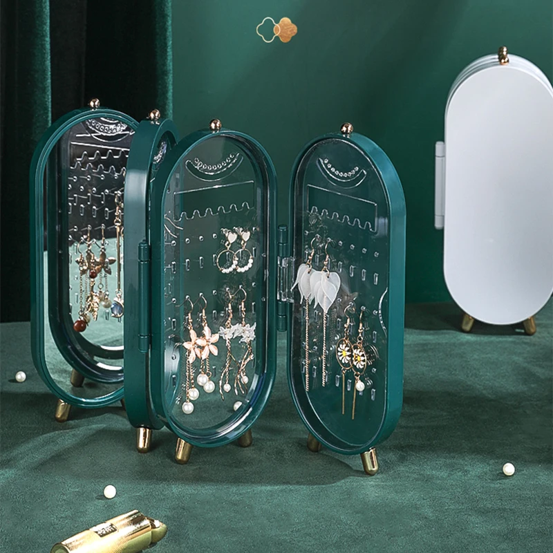

Foldable Jewelry Storage Box Household Earrings Necklace Display Stand High Capacity Luxury Retro Screen Jewelry Organizer Case
