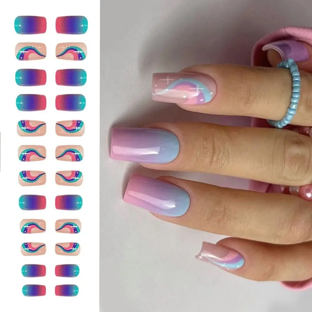 

24 шт., длинные квадратные накладные ногти со съемными радужными звездами