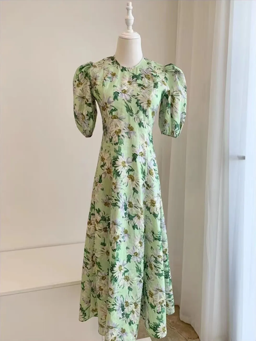 Women 100% Linen O-Neck Floral Print 2023 Summer Holiday Midi Dress