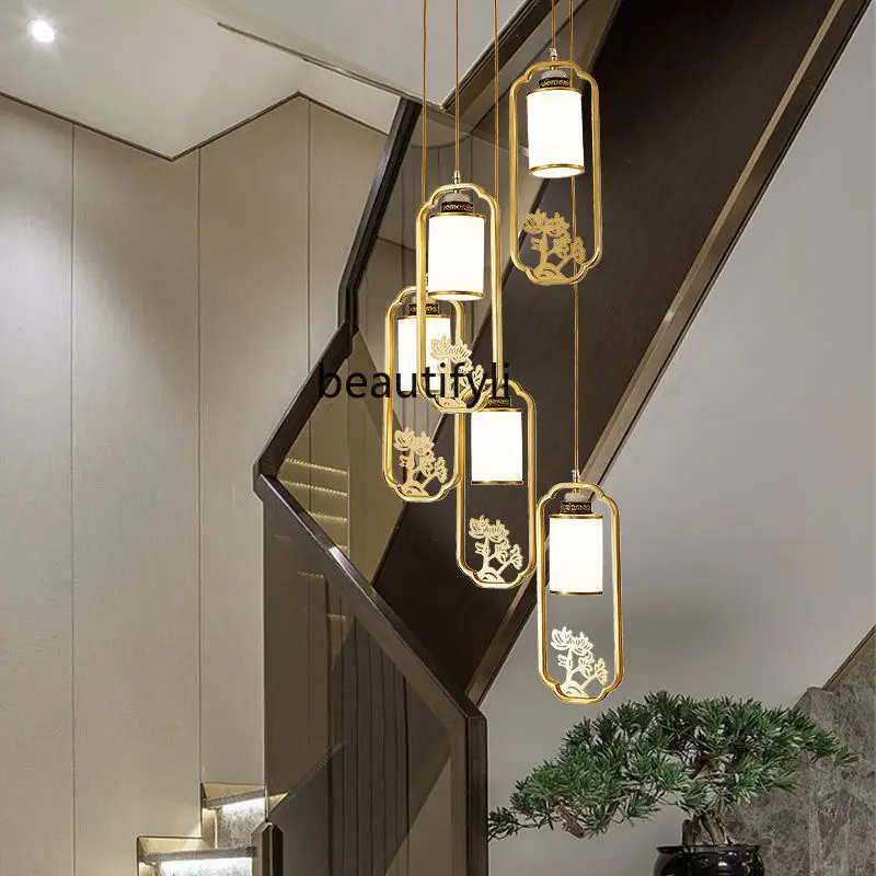 

CXH Creative Chinese Style Villa Living Room Chandelier Rotating Staircase Long Chandelier