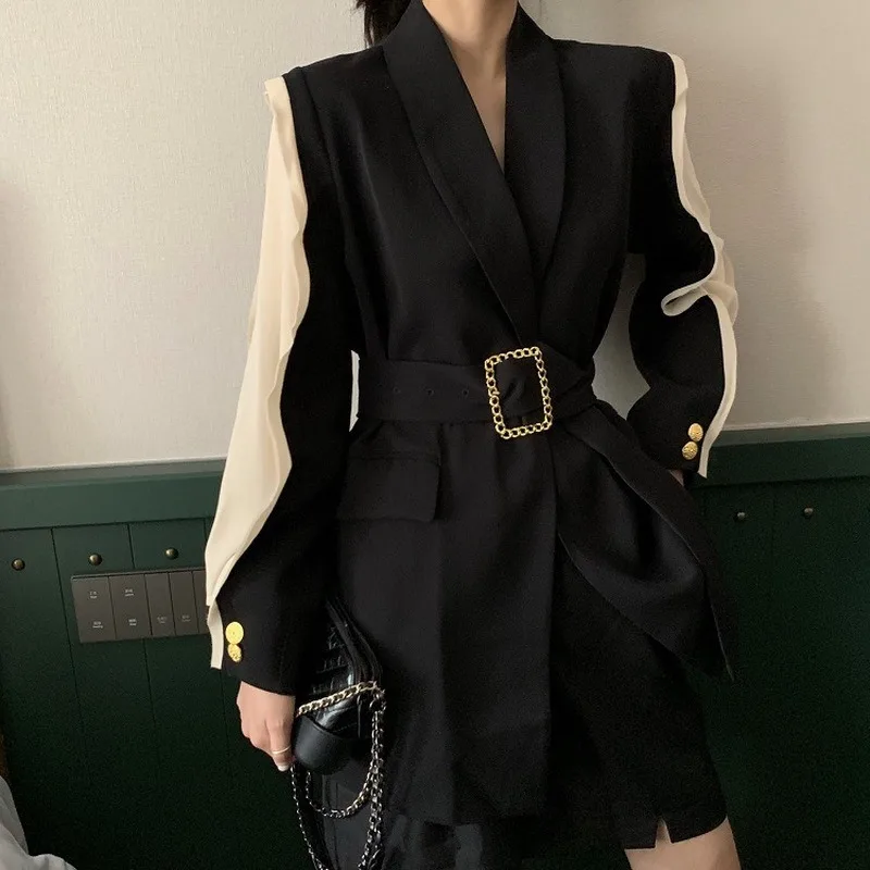French Elegant Blazer Suit Women Patchwork Long Sleeve Blazer Tunic with Belt Black Beige Classic Streetwears Indie Fashion New